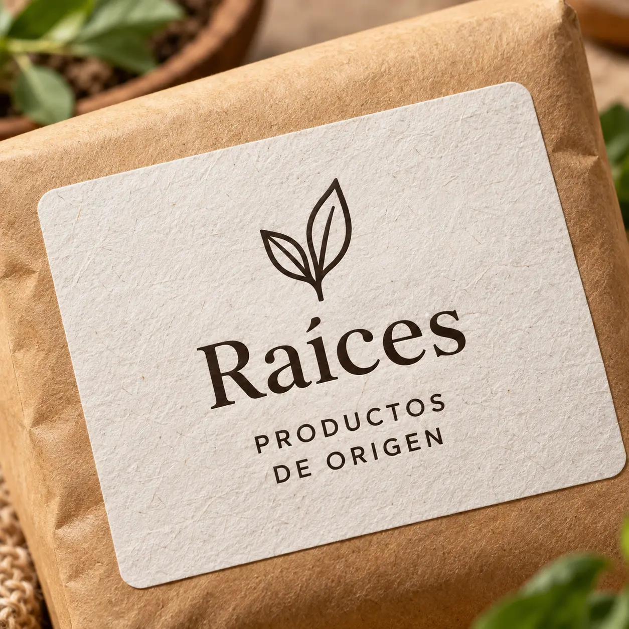 Etiqueta de papel texturizado crema sobre empaque kraft: para miel, destilados y marcas artesanales